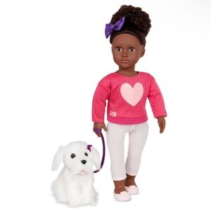 Our Generation Choyce & Jewel 18" Doll & 6” Maltese Puppy Dog + Pet Grooming Set